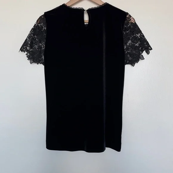 Karl Lagerfeld Black Velvet Lace Short Sleeve Top - Picture 5 of 8